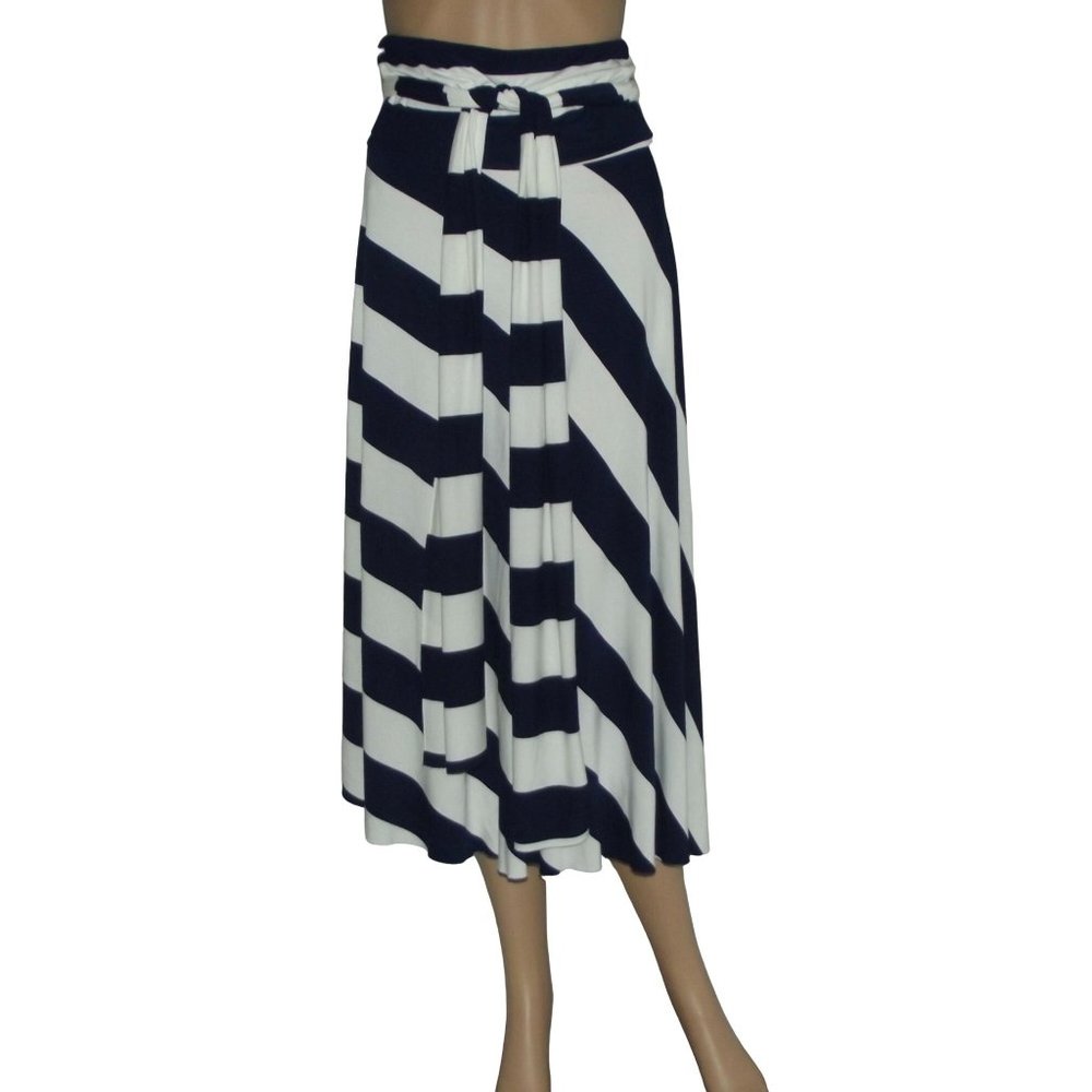 Elan Striped Midi Skirt Size Small w/belt knit striped navy blue off-white